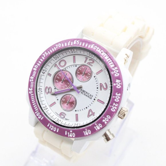 American Exchange Chronograph Watch White Tone Stainless Steel White Rubber Band - Picture 1 of 8